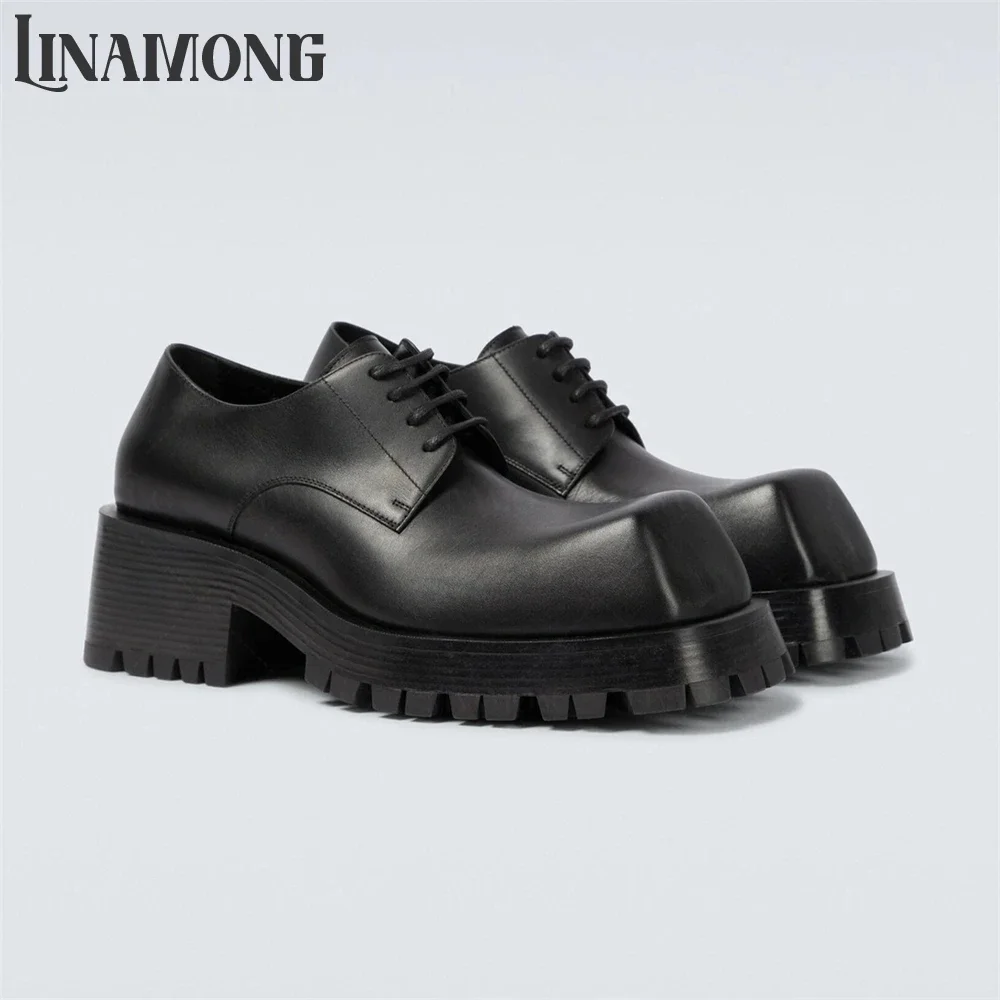 

Beveled Square Toe Derby Shoes Black PU Leather Handmade Lace up Shoes Designer Style Novelty Toe Chunky Heel Men's Casual Shoes