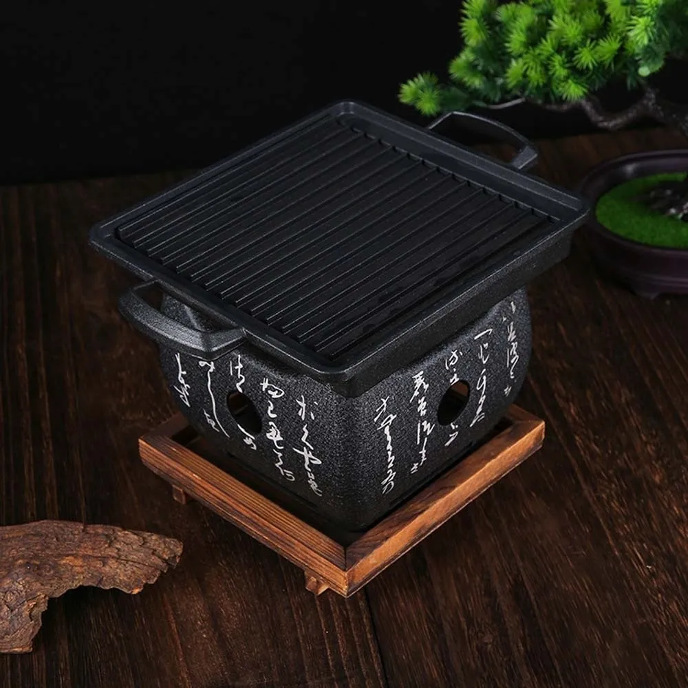 

Japanese Style Charcoal Stove Aluminium Alloy Carbon Stove Portable Charcoal Grill Mini Square Wooden Board Barbecue Grill