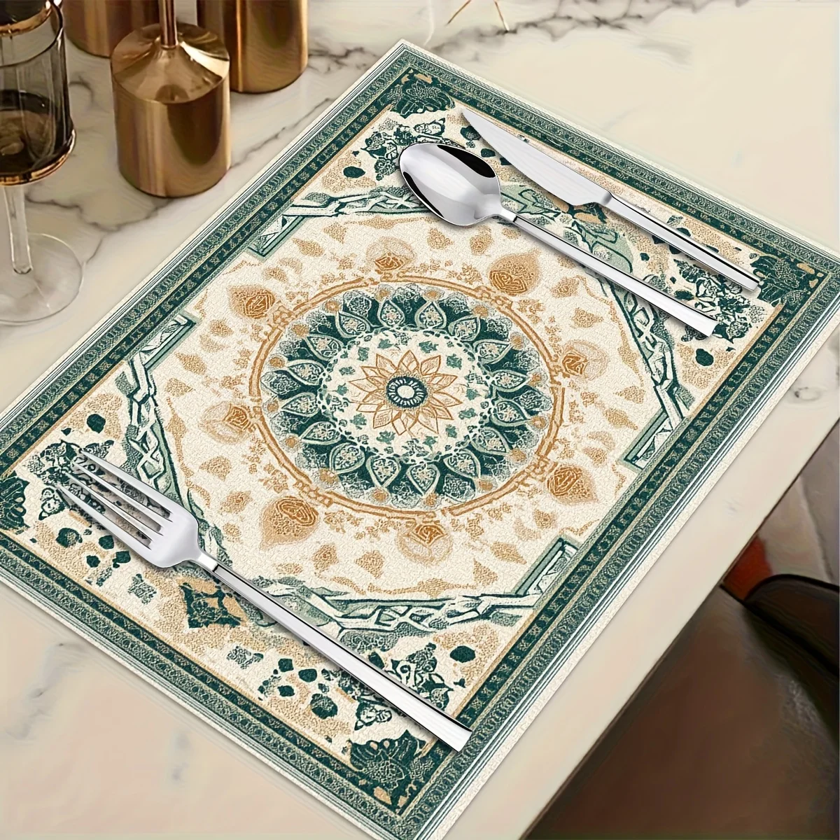 

1PC Elegant Islamic Placemats Compatible for Ramadan & Eid - Dark Green/Brown Arabic Floral & Geometric Patterns