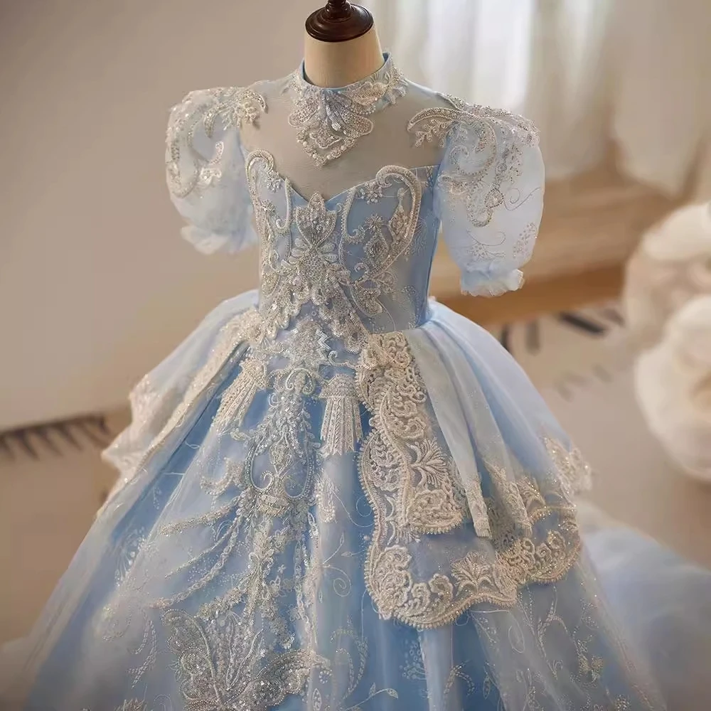 Blue High Collar Puff Sleeve Dresses For Girls Exquisite Glitter Sequins Beads Princess Gown Piano Performance Birthday Party