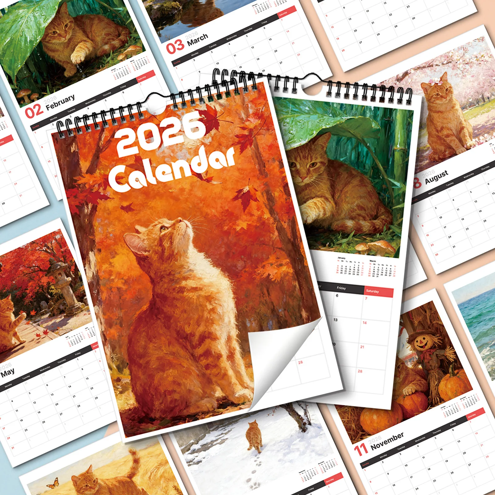 Calendario a tema gatto arancione 2026 da 1 pezzo, adatto per controllare le date, perfetto per gli amanti dei gatti, fa un regalo confortante e curativo