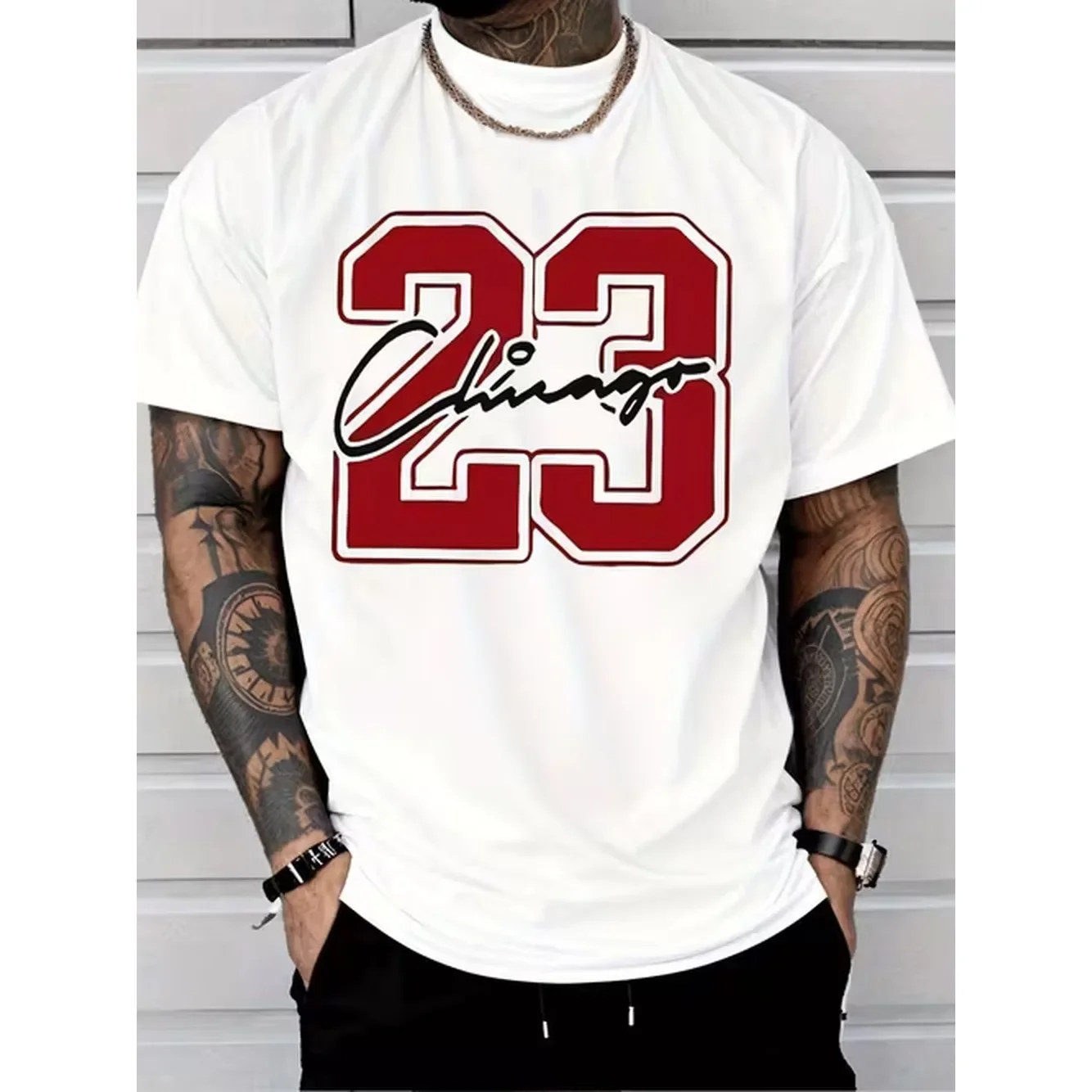 Mens Casual Graphic T Shirt With Red Number 23 And Signature Print Breathable Moisture Wicking Regular Fit Short Sleeve Sports Casual Wear And Holiday Gifts Fashionable Crew Neck Stretch Fabric