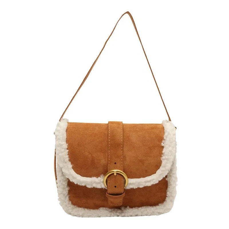 Vintage Suede Small Square Bag For Women New Versatile Commute Lamb Wool Shoulder Crossbody Bags Simple Elegant Underarm Bags