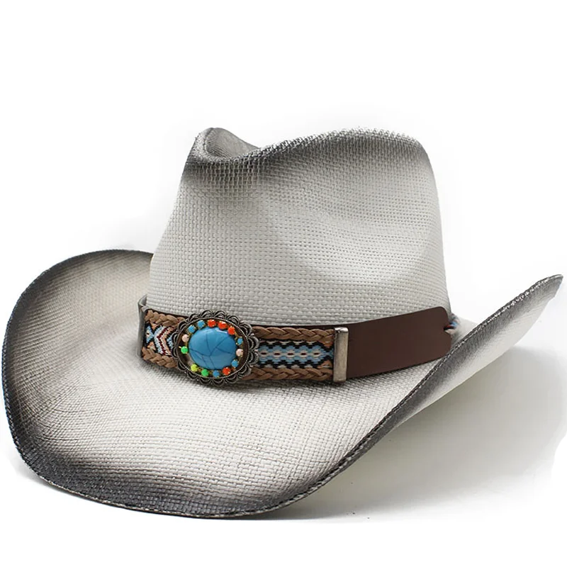 

Women's Fashion Men's Retro Turquoise Leather Strap Band Hollow-out Bohemia Cowboy Western Summer Straw Cowgirl Sun Hat 58CM