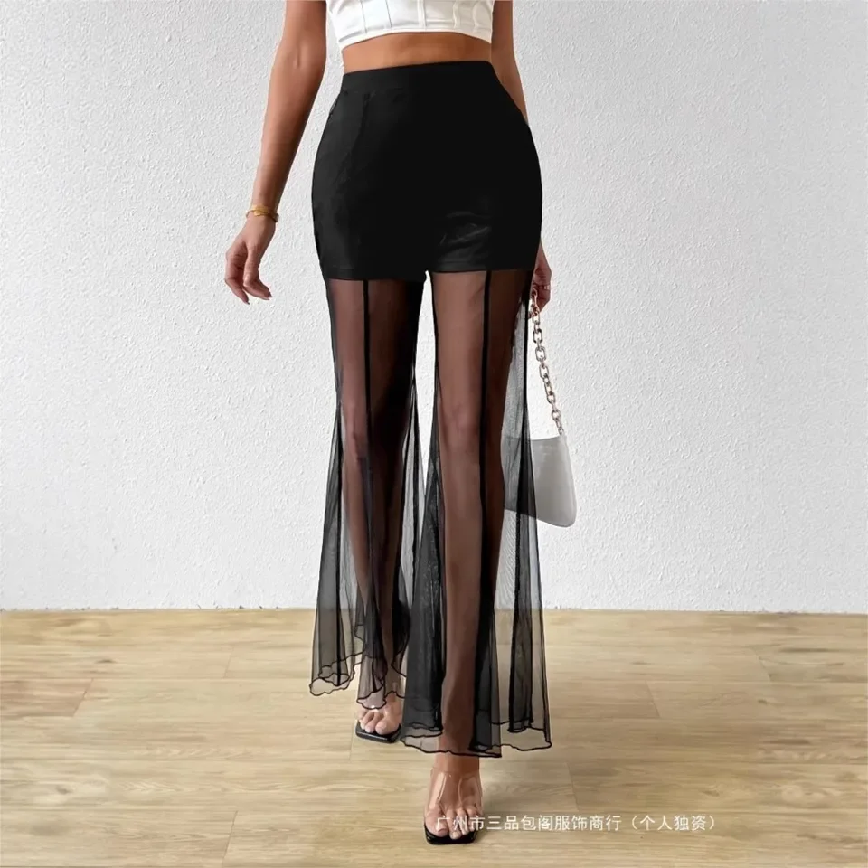 Casual Ladies Fashion Black Patchwork Mesh Smooth Wide-swing Trouser Summer Elegant Slim Package Women's Flared Long Pants