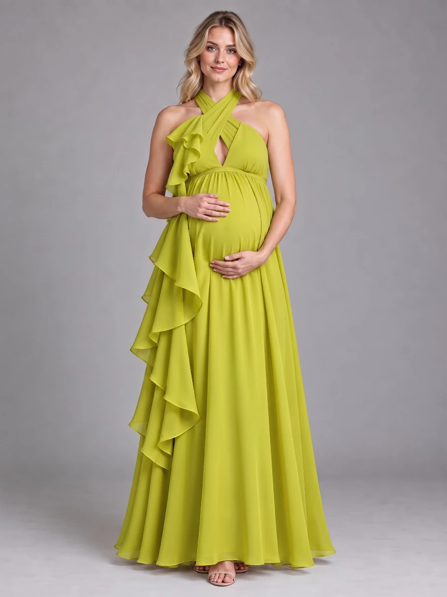 Chic Pregnant Dress for Photo Shoot Sexy Cutout Halter Neck Long Maxi Maternity Skirt Gender Reveal Dress L-26934