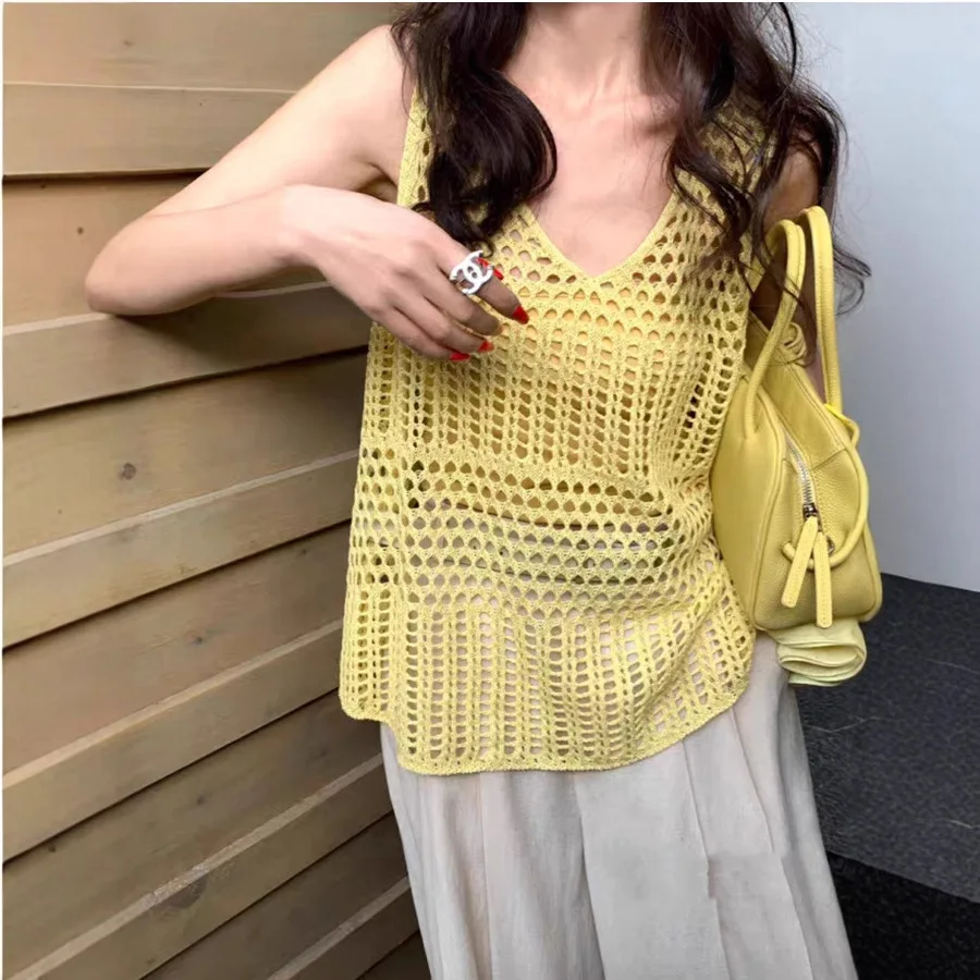

2026 New Summer Women's Korean Style Hollow Out Knit Cover Up Loose Pullover Crochet Top Y2K Sheer Mesh Sleeveless Blouse