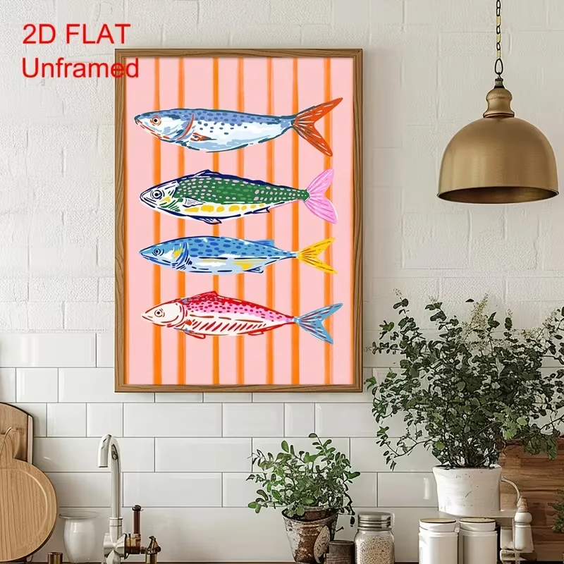 2D Flat, 2D Flat, 2D FLAT 1pc Unframed Colorful Fish Kitchen Seafood Canvas Poster Striped Sardines Trendy Whimsical Wall Art Pr