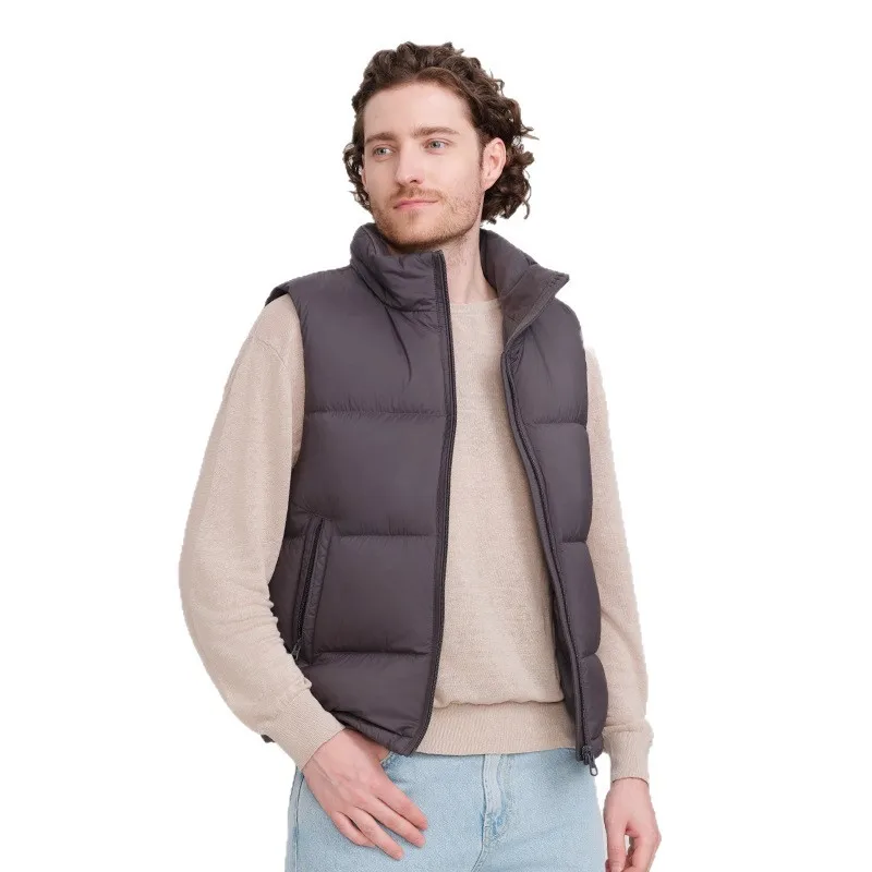 

Down Coats Vest Men Sleeveless Stand Collar Down Jacket Cardigan Zipper Solid Loose Pockets Outerwear Autumn 2025 Spliced