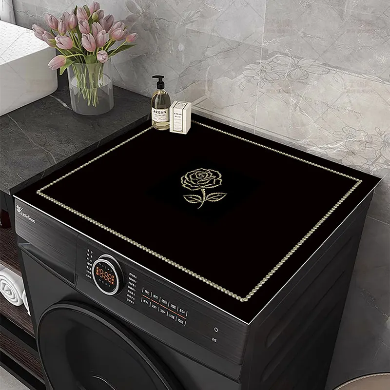 VIKAMA Golden Rose Embroidery Washing Machine Top Mat Black Solid Pearl Border Waterproof Anti Dust Dryer Cabinet Pad Dust Cover