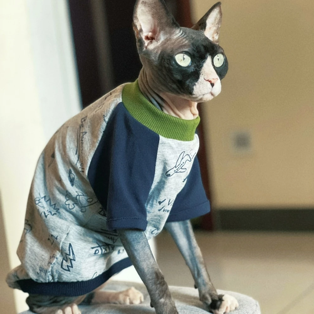 Clothes for Sphynx Cat Grey Cartoon Airplane Cotton T-shirt for Kittens Spring Long Sleeves Casual Coat for Male Cat for Devon