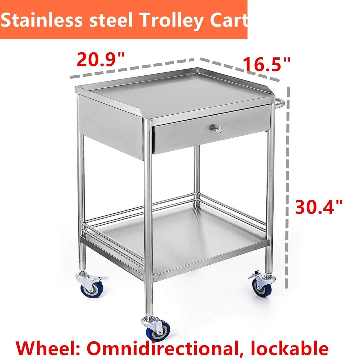 2 Layers Serving Cart Trolley Stainless Steel 	Mobile Equipment with Drawers and Wheels