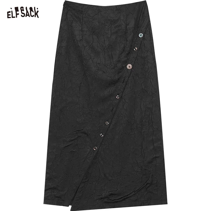 ELFSACK New Chinese Satin Half Skirt for Women's 24th Summer New Folded Split Long Skirt