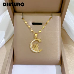 DIEYURO 316L Stainless Steel Moon Bunny Rabbit Pendant Necklace For Women Girl New Lovely Animal Charm Chain Jewelry Gift Party