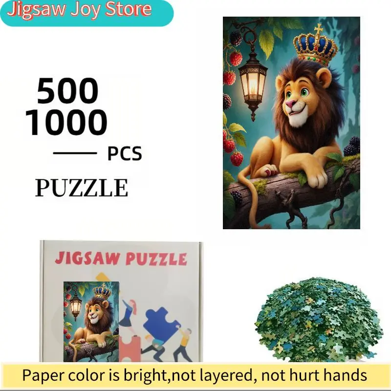 Dreamy Cartoon Lion King Puzzle - 500/1000pcs Exquisite Puzzle Game Featuring a Golden Lion with Blue Crown and Mystical Fores