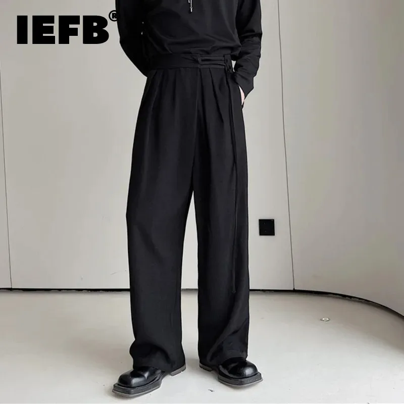 IEFB Loose Casual Elastic Waist Suit Pants Dark Pleated Side Lace-up 2024 New Trendy Autumn Male Trousers Solid Color 9A6991