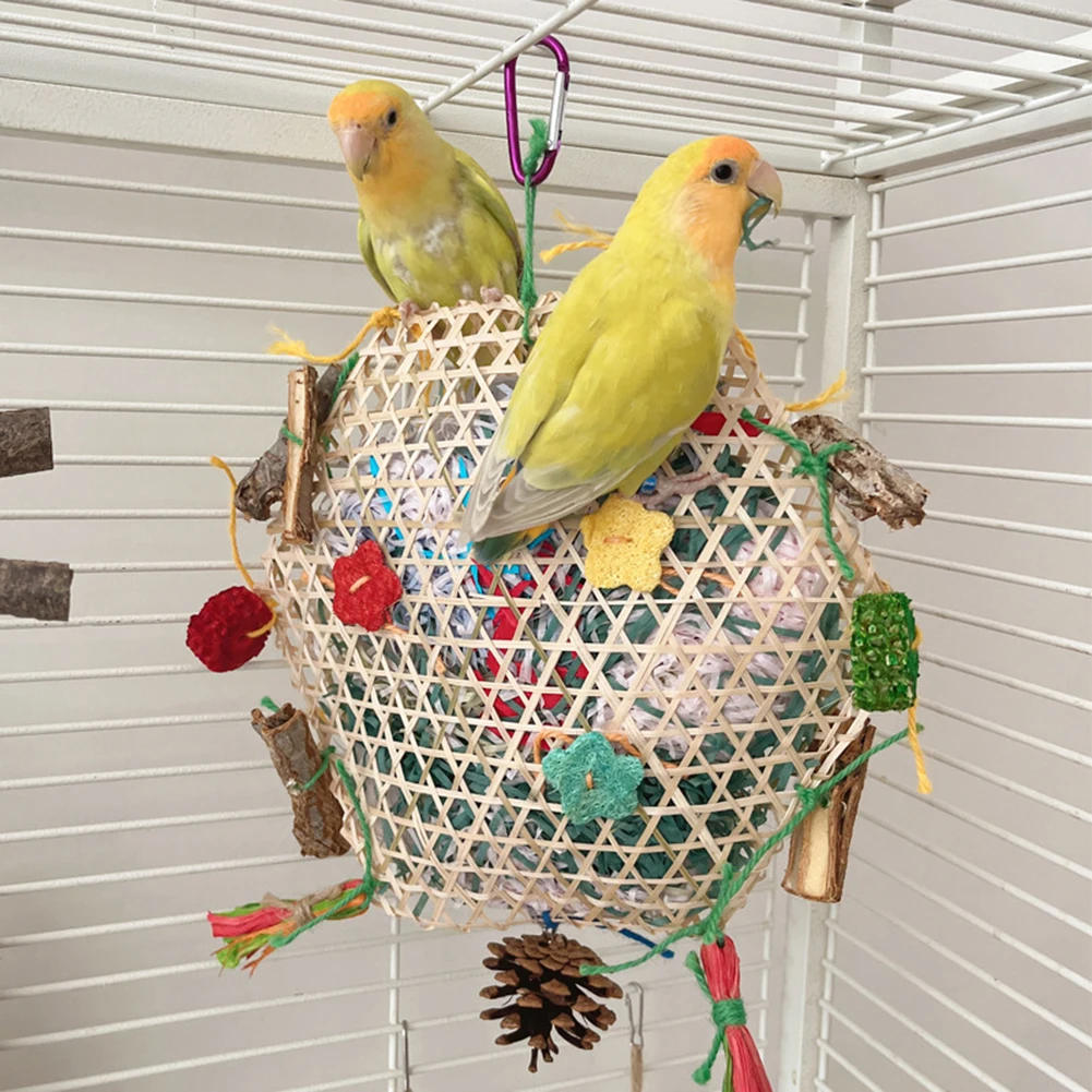 Bird Toys Foraging Shredder Hanging Toys With Metal Hook Bamboo Frame Bamboo Woven Porous Structure Bird Cage Accessories