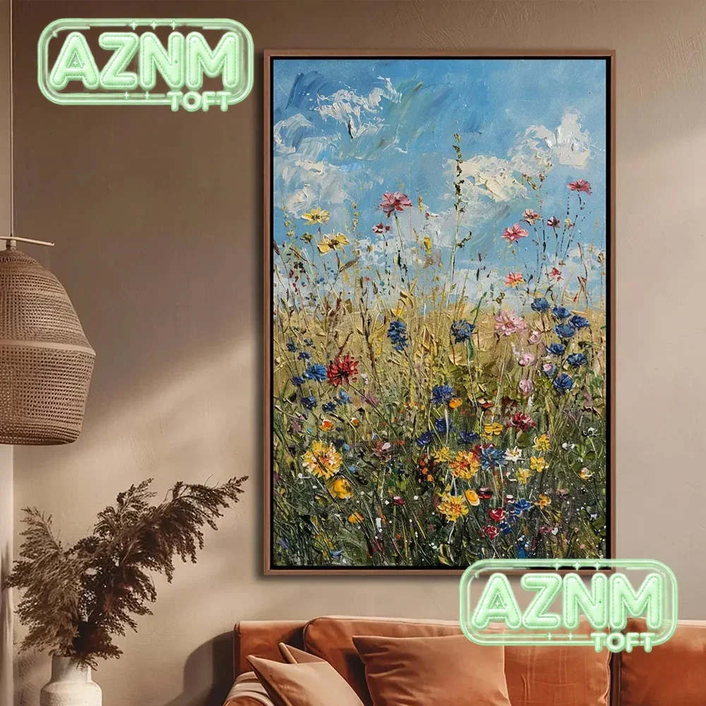 1PC Frameless Spring Wildflowers Field Posters Canvas Painting Vintage Floral Botanical Landscape Wall Art Home Farmhouse Dec