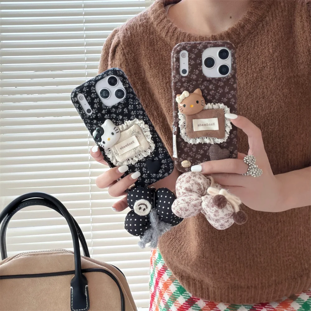 

Korean INS Cute Little Flower Hellokitty Phone Case For iPhone 17 Pro 13 14 15 16 Pro Max Cover Plush Fluffy Fundas Cartoon Case