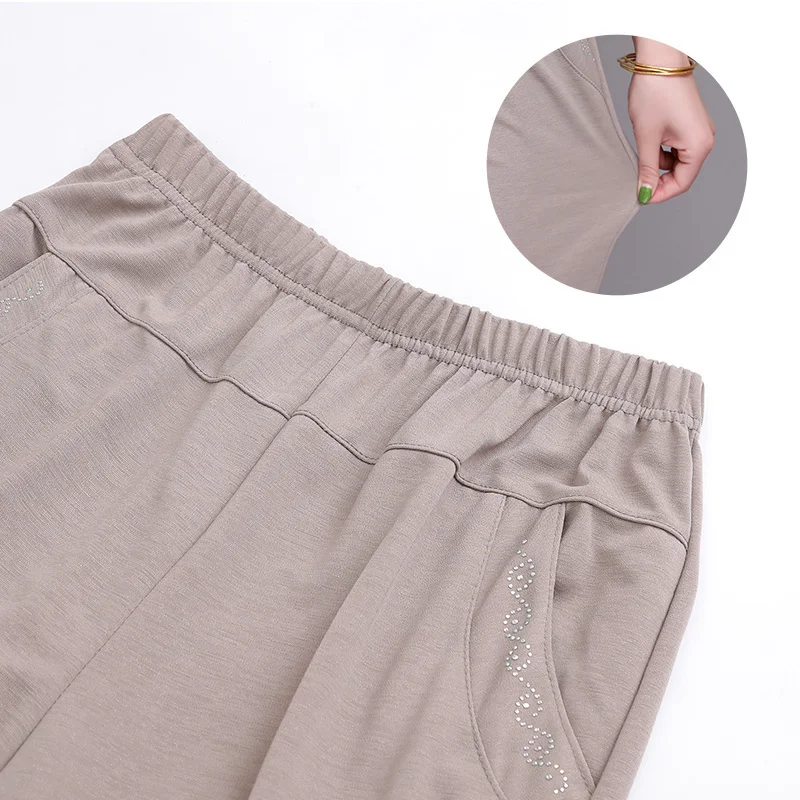 FjSummer-Pantalon droit taille haute pour femme d'âge moyen, mode décontractée, mince, élastique mère, pantalon bouffant, 2024