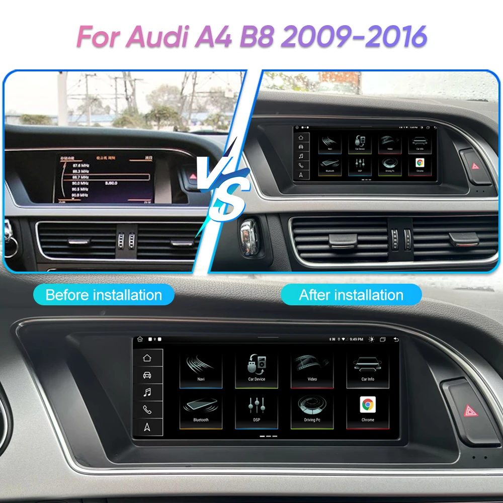 8.8inch Android 14 Car For Audi A4 B8 2009-2016 Multimedia Player Carplay 8 Core CPU Google BT GPS Navi Receiver Tablet WIFI SIM