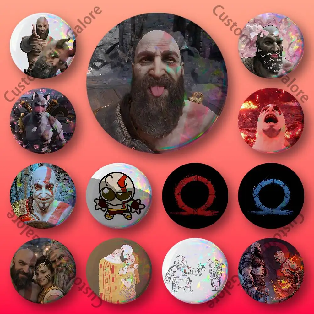 

G-God of W-War K-Kratos Round Custom Badges 75 58 44 32 25 mm Brooch Backpack Hat Enamel Pins Accessories Toys Gifts