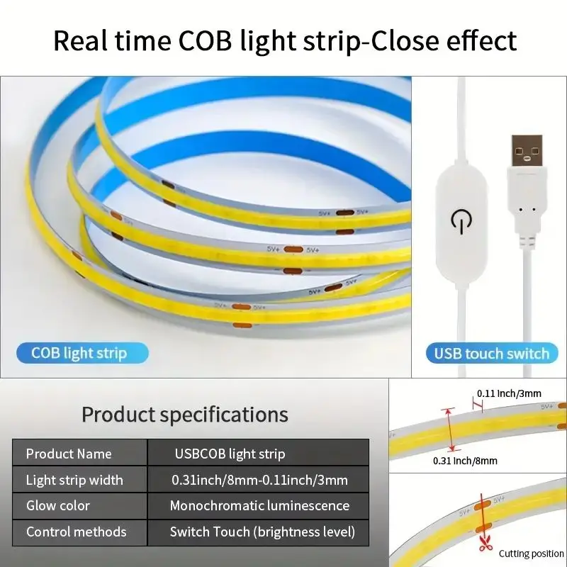Stepless Dimming COB Strip Light Cuttable 320LEDs/M High Bright 5V USB Powered Touch Sensor Switch For TV Computer Backlight Dec