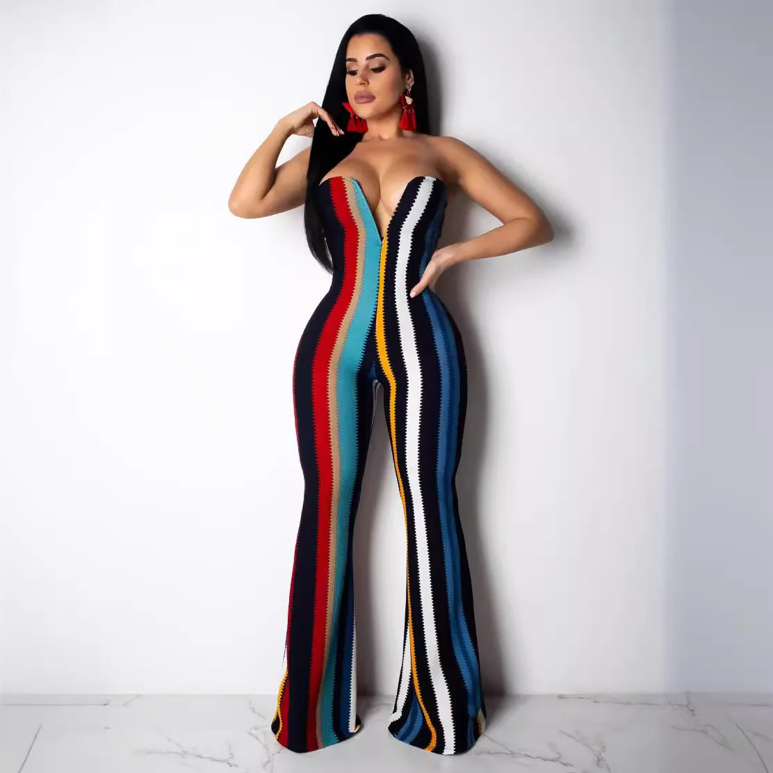 

Sleeveless Sexy Women's Off-Shoulder V-Neck Sawtooth Striped Jumpsuit 2026 Fashion Trend Spring And Summer New Products
