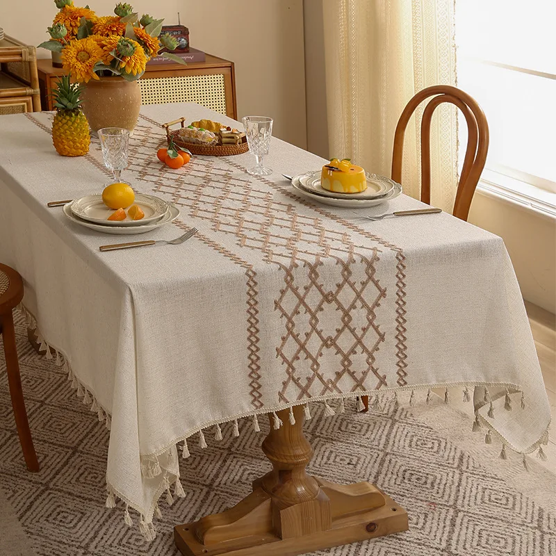 Thickened Linen Embroidered Tablecloth High-End Dust-Proof Coffee Table Mat with Tassels Simple Wear-Resistant Decorative Cloth