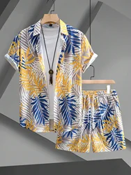 Hawaiian Botanical Print Men's and Women's Short Sleeve Outfits Fashion lapel Button-Down Shirt Tops and Shorts 2-Piece Set