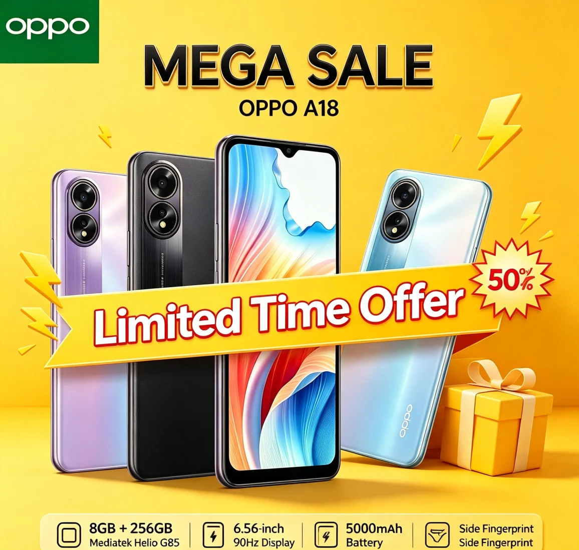 Latest 2026 Brand New OPPO A18 Cellphone 8GB RAM 256GB ROM Dual SIM Card 6.5 Inch HD+ Screen Helio P35 Chipset Built-in 5000mAh