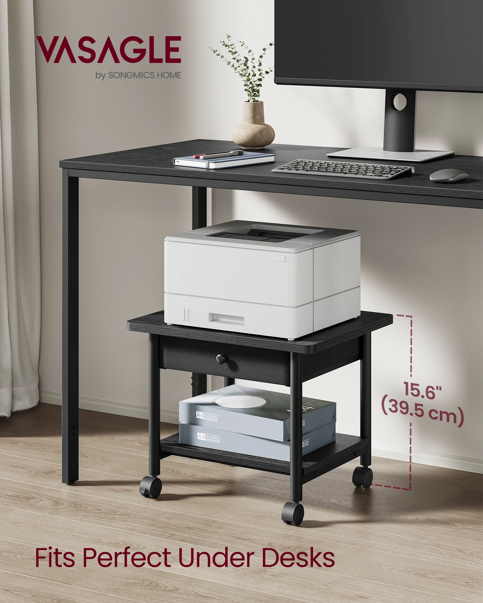 VASAGLE Printer Stand, Under Desk Printer Stand with Wheels, Drawer with Divider, Bottom Shelf, Fits Inkjet, Laser, Photo