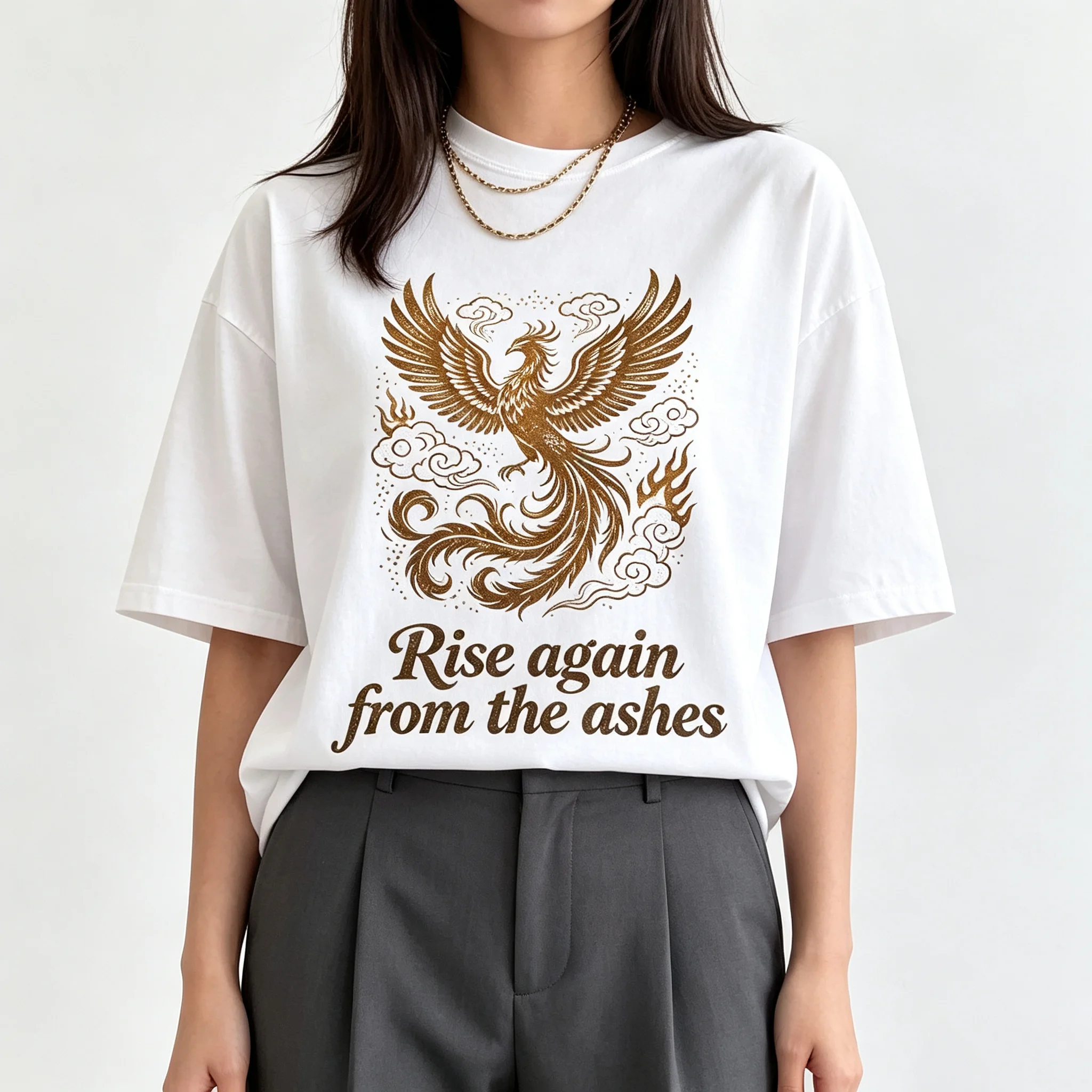 Women's Rise Again From The Ashes Vintage Phoenix Cloud Graphic T Shirt Inspirational Quote Short Sleeve Casual Tee