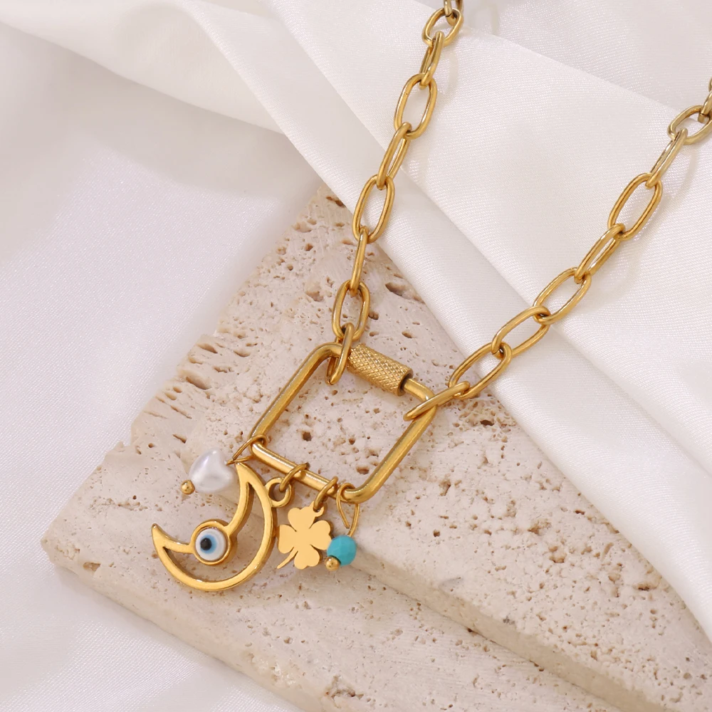 316L الفولاذ المقاوم للصدأ المشبك قلادة قلادة للنساء الشمس القمر الفيروز القلب سلسلة بدلاية القلائد مجوهرات هدية