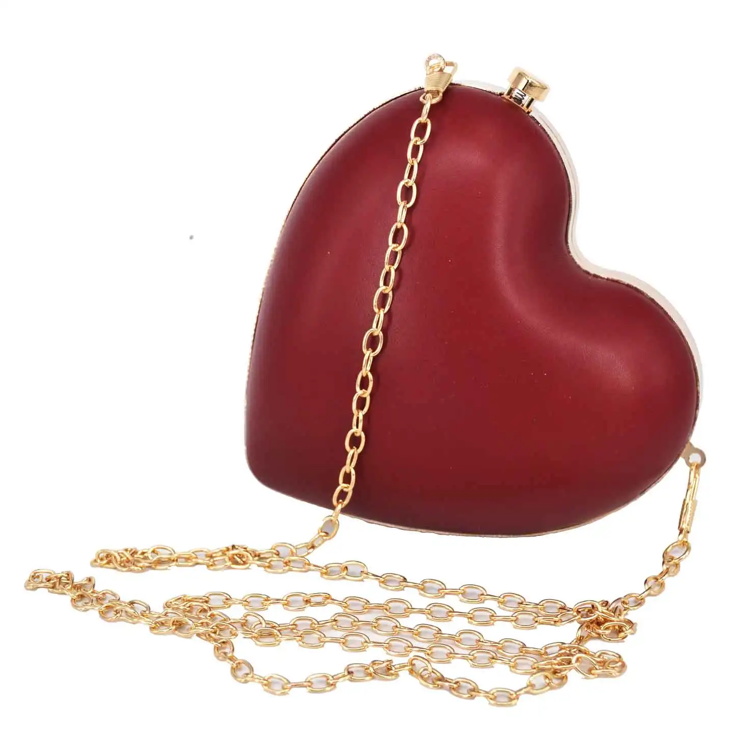 Pink Wine Heart Shape Evening Bags Chain Mini Shoulder Bags Women Pu Party Purse Day Clutches