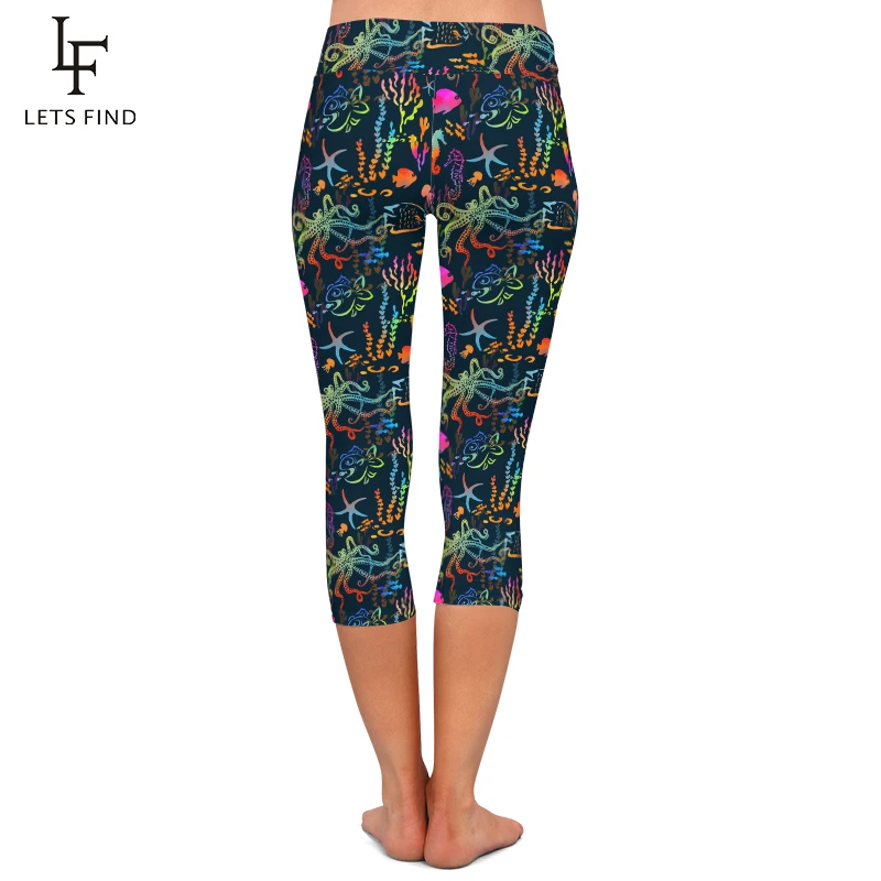 LETSFIND Summer High Waist Women Fitness Elastic Capri Legging 3D Marine Animals Print Girls Sexy Stretch Mid-Calf 3/4 Pants