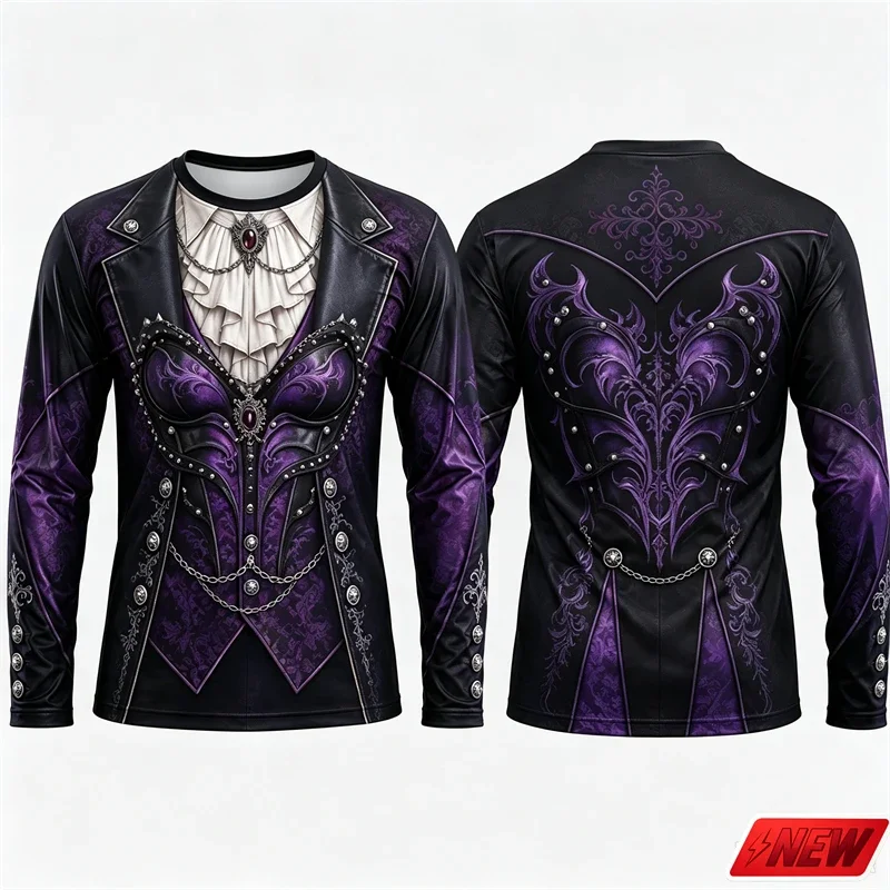 Gothic Vampire Costume Long Sleeve T‑Shirt Men 3D Print Fake Jacket Shirt Graphic Novelty Tee Halloween Cosplay Party Top