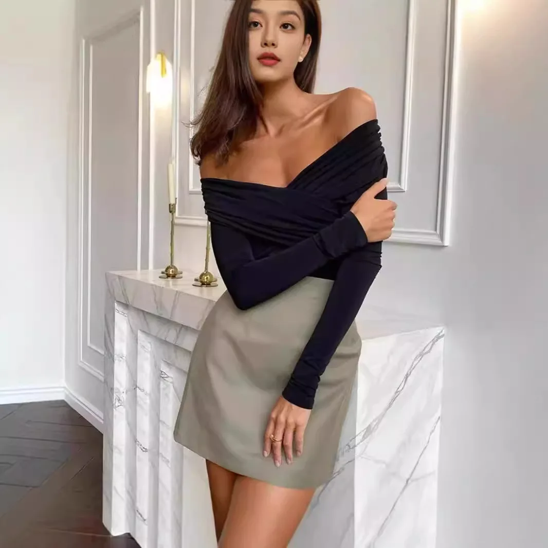 2025 Primavera e autunno Nuova tutina versatile aderente a maniche lunghe con scollo a V e spalle scoperte alla moda e sexy
