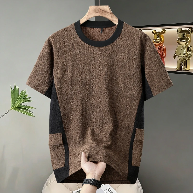 Summer Enlarged Men's Short Sleeved Thin Loose Half Sleeved Pocket Splicing T-shirt