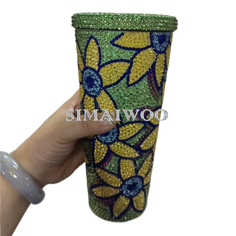 

Glass Rhinestone Fresh Sun Flower Straw Cup Stainless Steel Vaccum Juice Water Bottle Thermos Coffee Mug Mosaic Handcraft