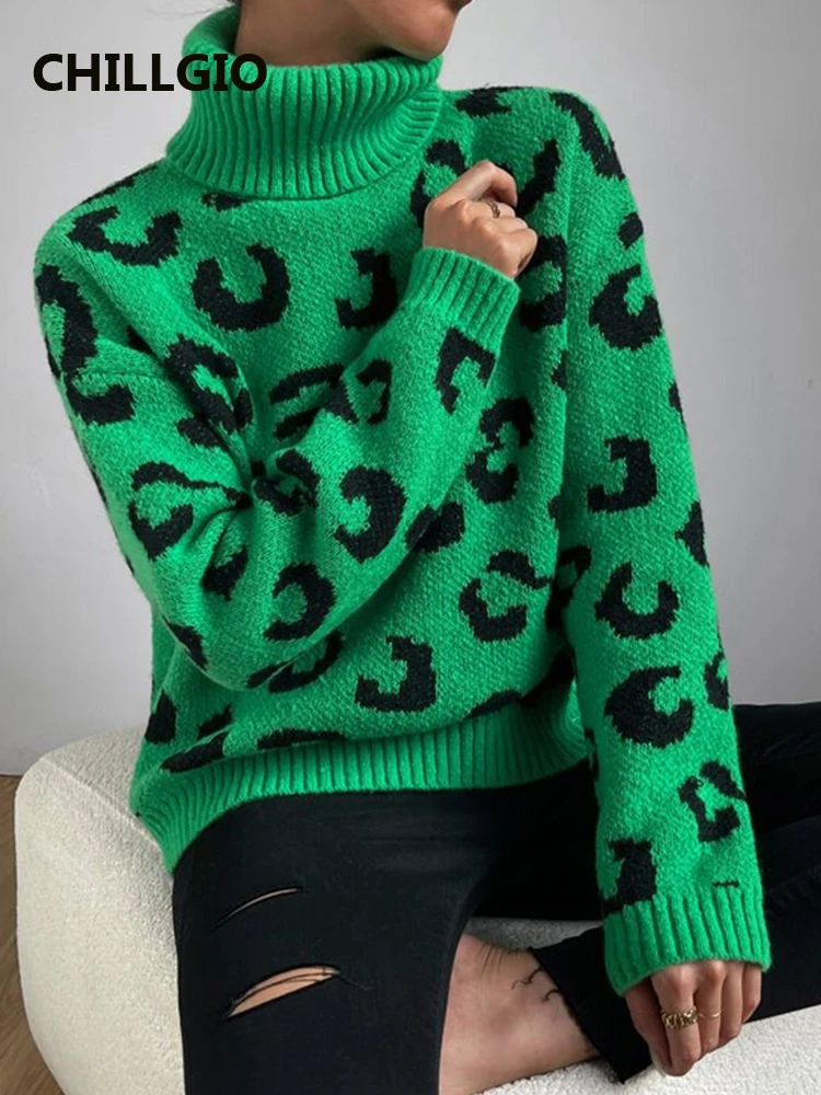 CHILLGIO Women Leopard Print Thick Knitted Turtlenck Fashion Retro Party Long Sleeves Streetwear Tops Autumn Winter Warm Sweater