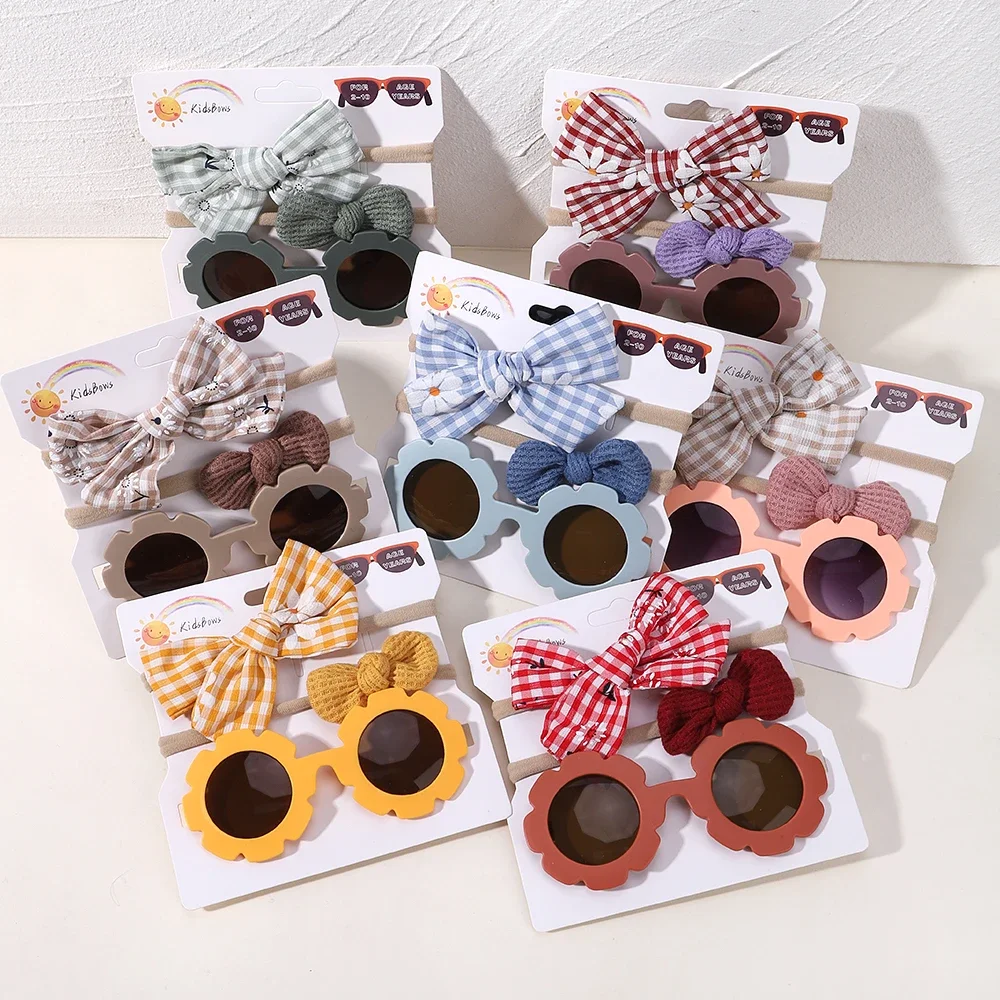 2/3Pcs/set Kids Sunglasses Headband Set Baby Elastic Nylon Headband Bohemia Beach Seaside Sun Glasses Kids Bow Headwear Gift