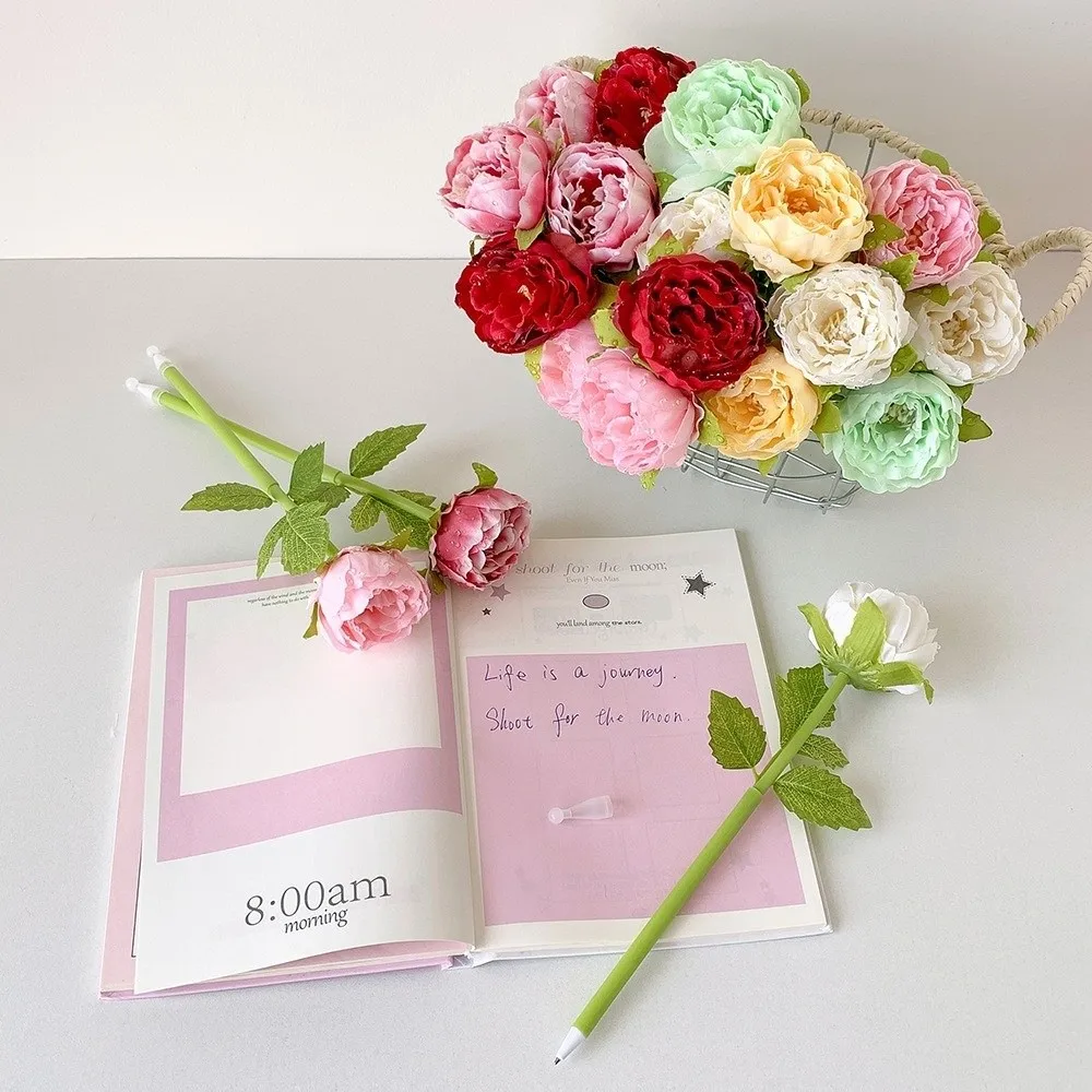 Fake Rose Artificial Flowers Ballpoint Pen Simulation Peony Desktop Ornament Neutral Gel Pens Writing Smoothly DIY Vase Decor