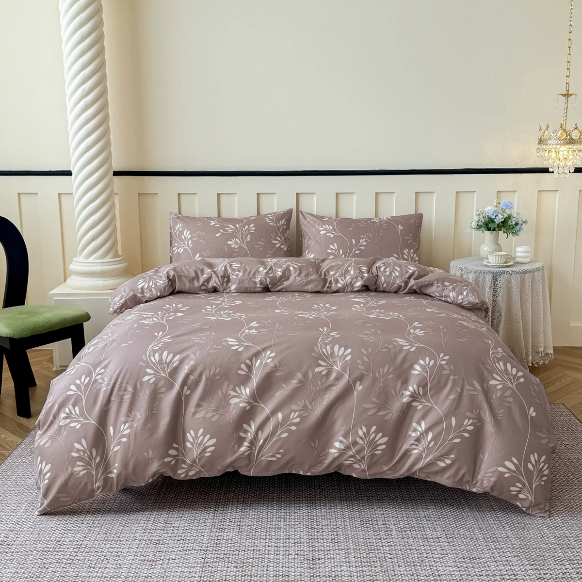 طقم غطاء لحاف مكون من 3 قطع مطبوع عليه نباتات من Café Brown مع سحاب إغلاق، مفروشات ناعمة قابلة للتنفس لجميع المواسم