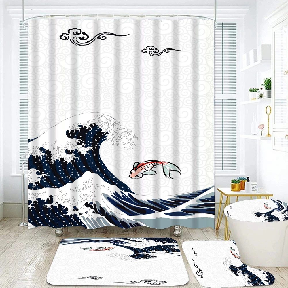 

Набор занавесок для душа в японском стиле Sea Wave Mount Fuji, чехол для унитаза и коврик для ванной, занавески для ванной комнаты в стиле бохо с крючками, домашний декор