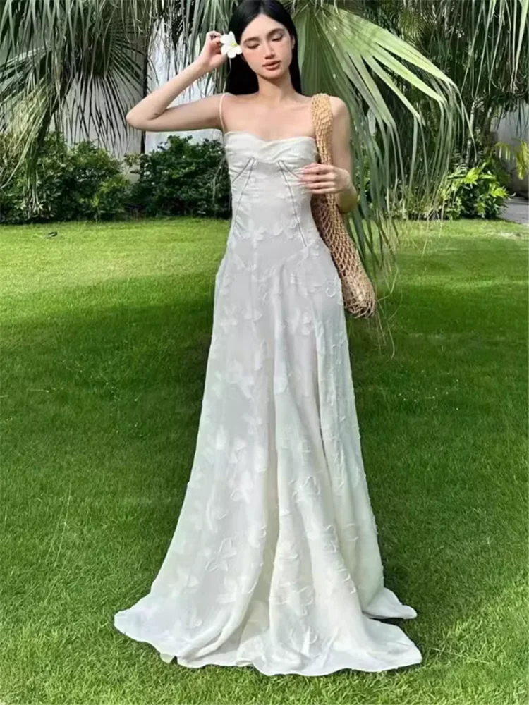 عطلة نمط الجنية الأبيض الوردي الأشرطة المطرزة فستان طويل الفرنسية الجديدة الصيف الجوف شاطئ شاطئ البحر منتجع ألف خط فستان الصور