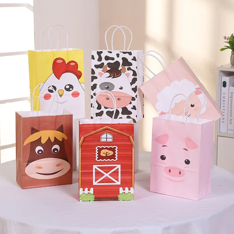 6pcs Farm Animals Party Bags Pig Cow Chick Paper candy Bag Treat Gift Bags Box Farm Theme Birthday Party Favors Bags Baby Shower