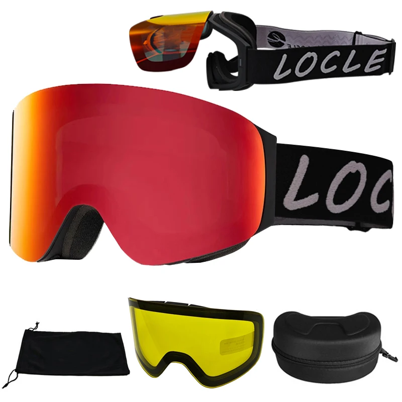 LOCLE Magnetic Flip-top Ski Goggles Men Women Adult Ski Mask OTG Skiing Eyewear UV400 Over The Glasses Double Layers Anti-Fog