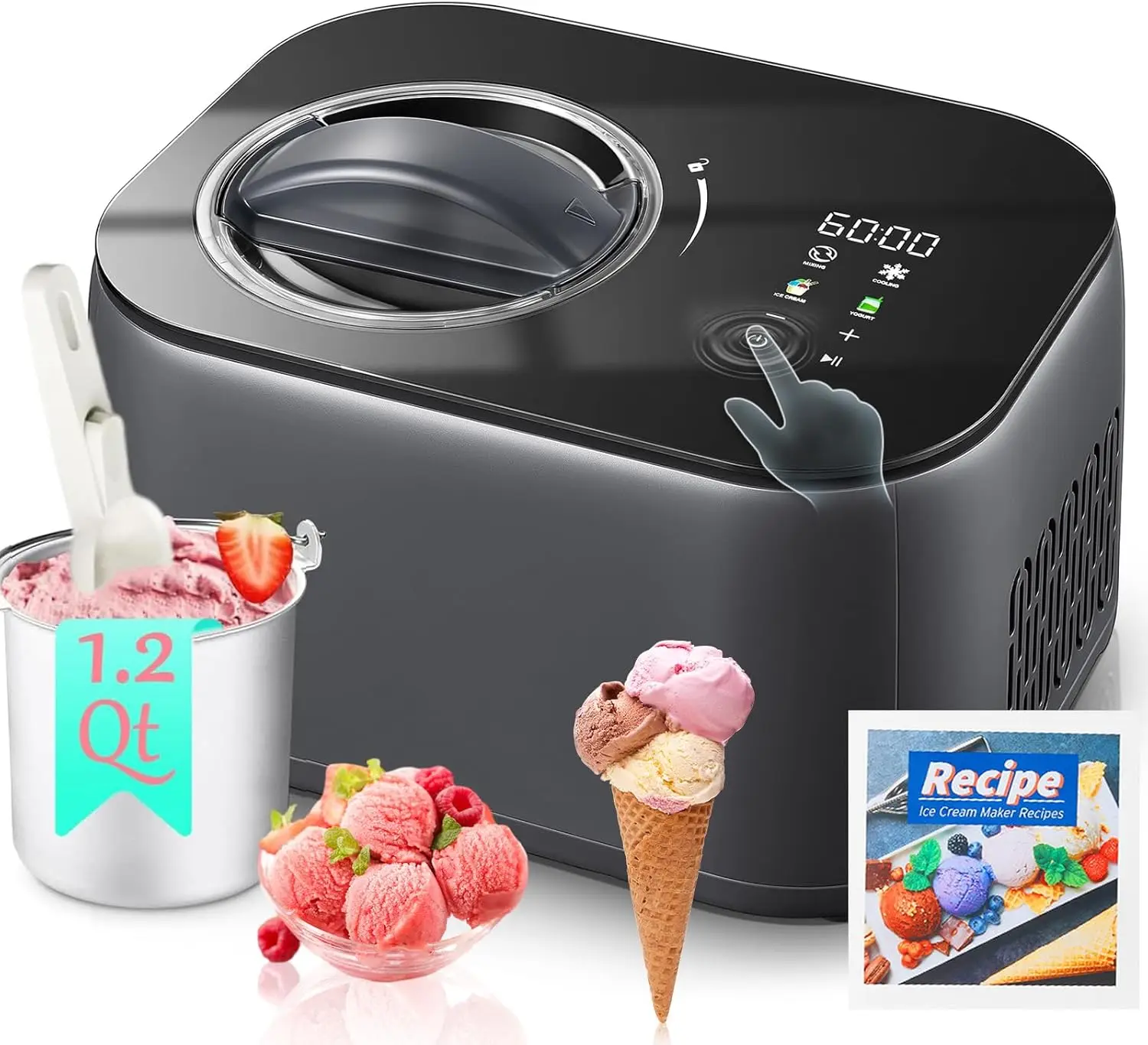 1.2-Quart Touch Screen Automatic Ice Cream Maker with Compressor, No Pre-freezing, 4 Modes Frozen Yogurt Machine with LCD Displa