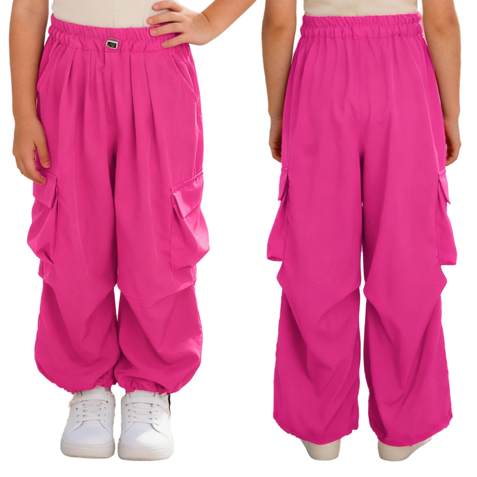 Kid Girls Drawstring Cargo Pants Elastic Waistband Trousers with Multiple Pockets Dancewear for Hip Hop Jazz Dance Skateboarding